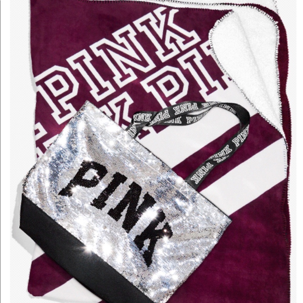 Victoria Secret Pink sequin tote Sherpa blanket